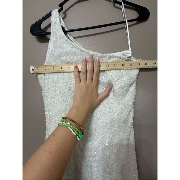Mac Duggal 5263 One Shoulder Strap Drape Off White Sequin Evening Mini Dress S - Picture 5 of 16